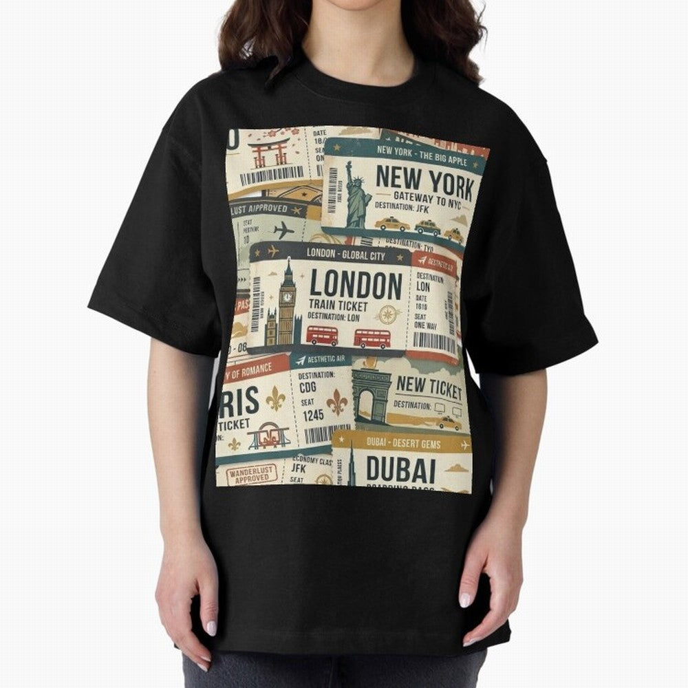 World Travel Ticket Aesthetic Collage Global City Vibes Oversized T-Shirt Keep the Legacy of FIFA World Cup 2026 USA Canada Mexico Built around CR7 and Messi, Brazil, Portugal and Argentina Energy, Vintage Soccer Flavor, Modern Football Stars,