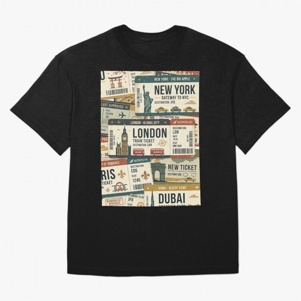 World Travel Ticket Aesthetic Collage Global City Vibes Oversized T-Shirt Keep the Legacy of FIFA World Cup 2026 USA Canada Mexico Built around CR7 and Messi, Brazil, Portugal and Argentina Energy, Vintage Soccer Flavor, Modern Football Stars,