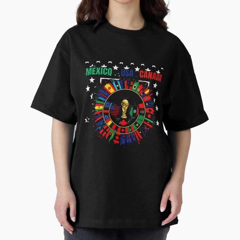 Multinational Nations Flags Badge Oversized T-Shirt Bring Trophy Dreams to Match Day Hype around FIFA World Cup 2026 USA Canada Mexico, Haaland and Mbappe, Spain, Retro Football Energy, Iconic Rivalries, Trophy Chase Drama and Stadium Atmosphere;