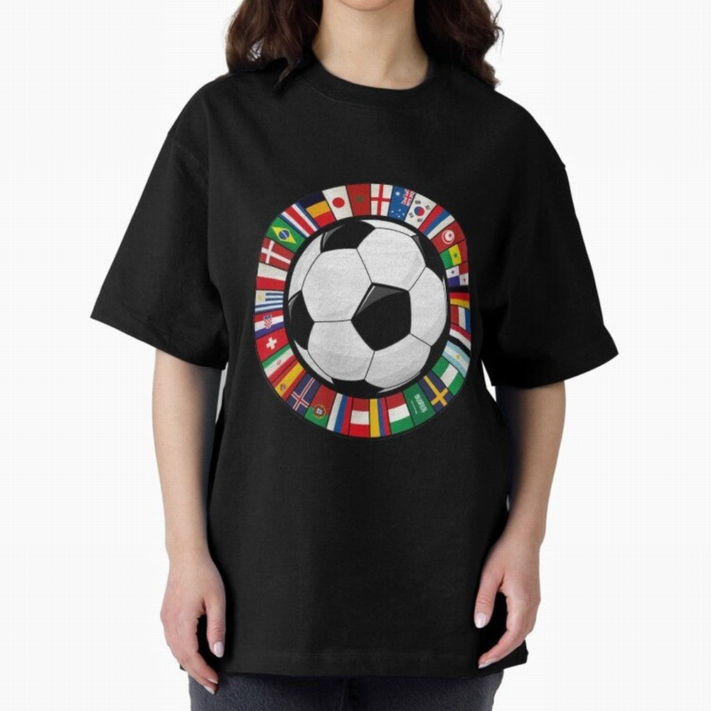 Global Nations Football Circle Art Oversized T-Shirt Celebrate Unforgettable Nights in the FIFA World Cup 2026 Group Stage Journey through Neymar Highlights, Argentina Pride, Football History, Final Match Energy, Crowd Noise and Once in a Lifetime