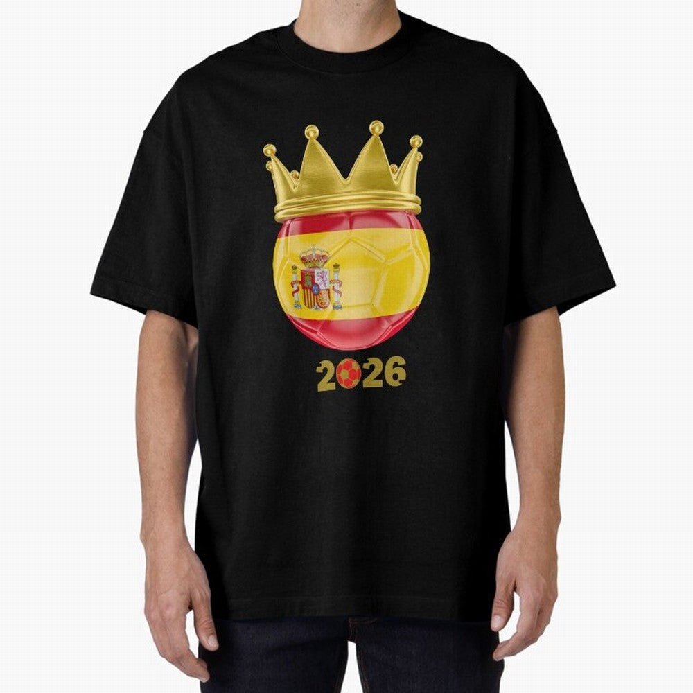 Spain Football Champion Crown 2026 Oversized T-Shirt Back the Journey through FIFA World Cup 2026 Group Stage Spirit, Centered on Germany, Messi and Cristiano Ronaldo, Game Day Rituals, Football Legends, Country Pride and the Road to the Final;