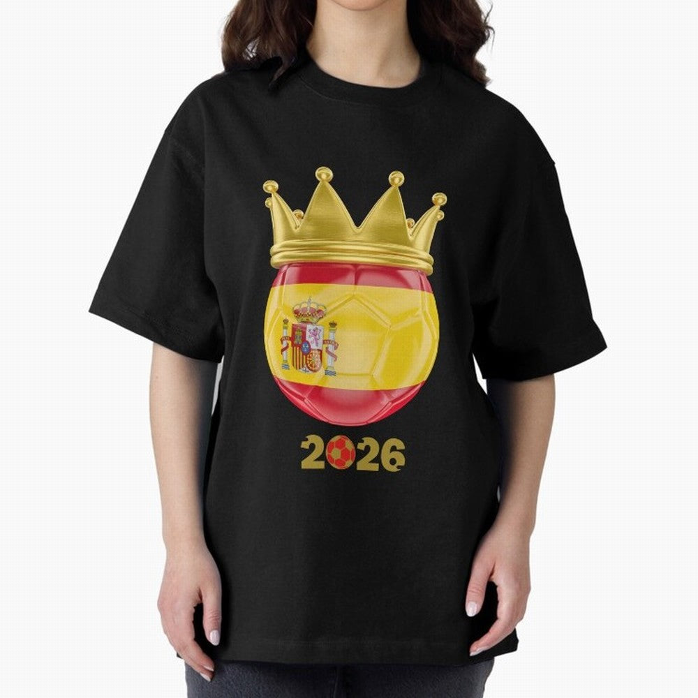 Spain Football Champion Crown 2026 Oversized T-Shirt Back the Journey through FIFA World Cup 2026 Group Stage Spirit, Centered on Germany, Messi and Cristiano Ronaldo, Game Day Rituals, Football Legends, Country Pride and the Road to the Final;
