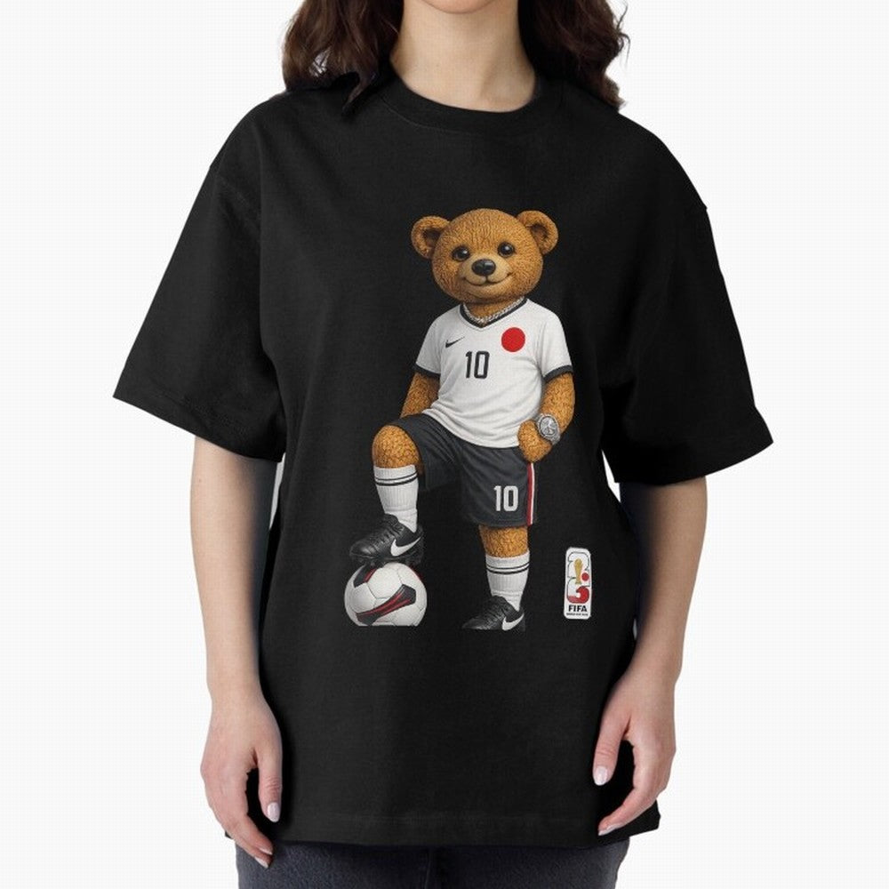 Japan Soccer Bear World Cup Teddy Bear Oversized T-Shirt Show Support during Global Football Passion for FIFA World Cup 2026 Group Stage, Highlighting Messi and Cristiano Ronaldo, Brazil, Retro Football Energy, Iconic Rivalries, Trophy Chase Drama