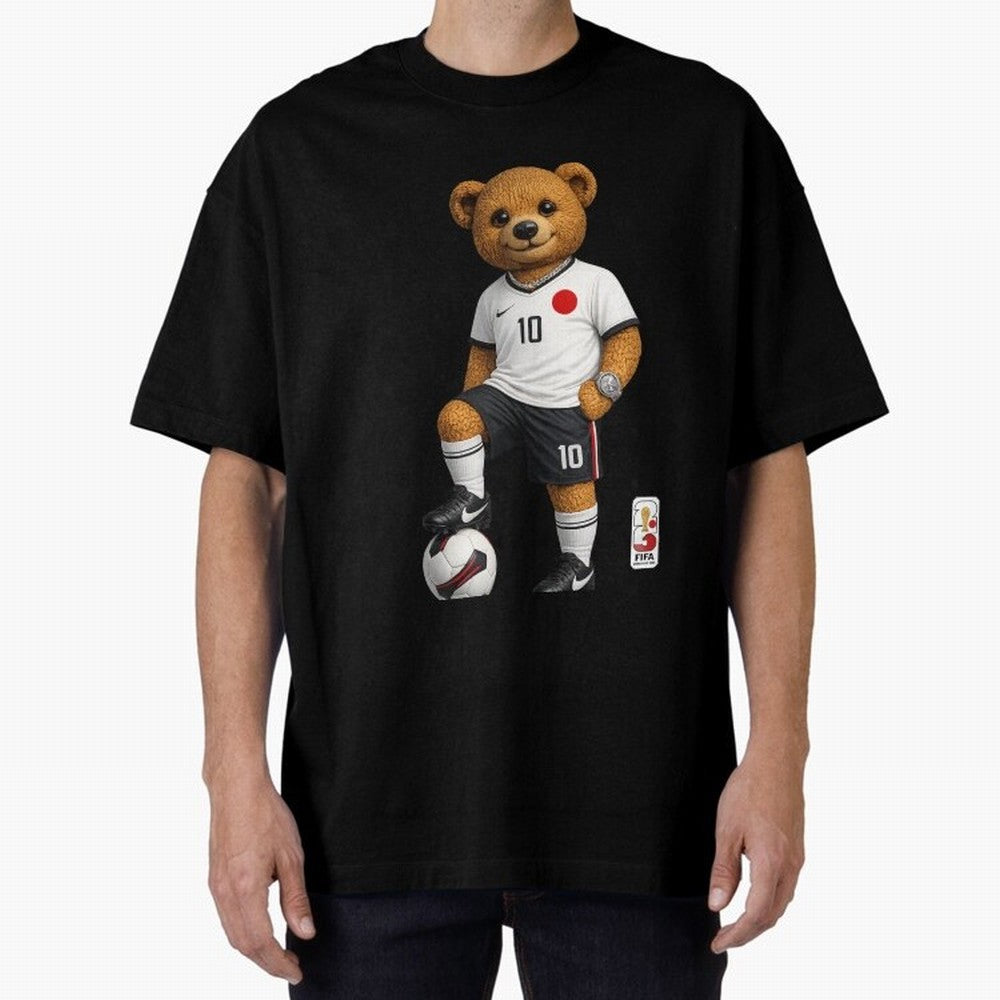 Japan Soccer Bear World Cup Teddy Bear Oversized T-Shirt Show Support during Global Football Passion for FIFA World Cup 2026 Group Stage, Highlighting Messi and Cristiano Ronaldo, Brazil, Retro Football Energy, Iconic Rivalries, Trophy Chase Drama