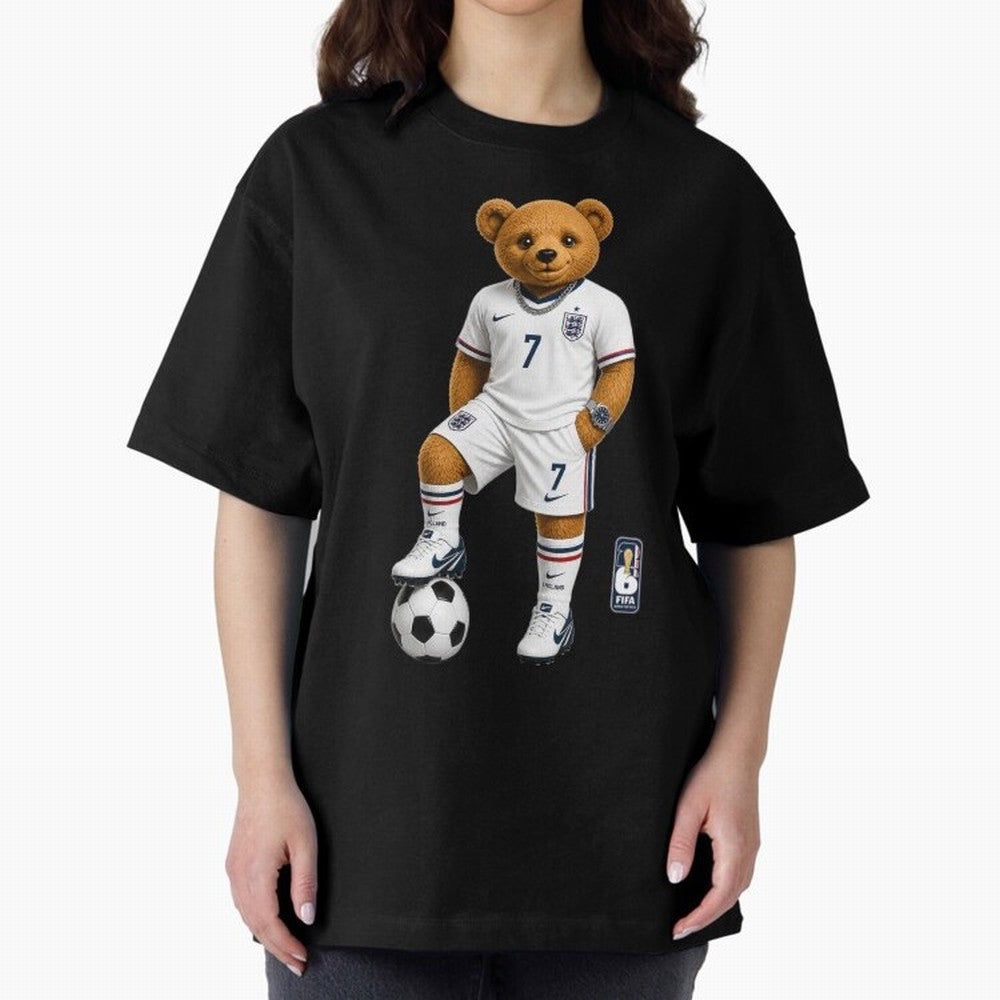 England Soccer Bear World Cup Teddy Bear Oversized T-Shirt Keep the Legacy of Global Football Passion for FIFA World Cup 2026, Highlighting Mbappe and Neymar, Brazil, Fan Favorite Moments, National Team Passion, Big Match Drama and Soccer History;
