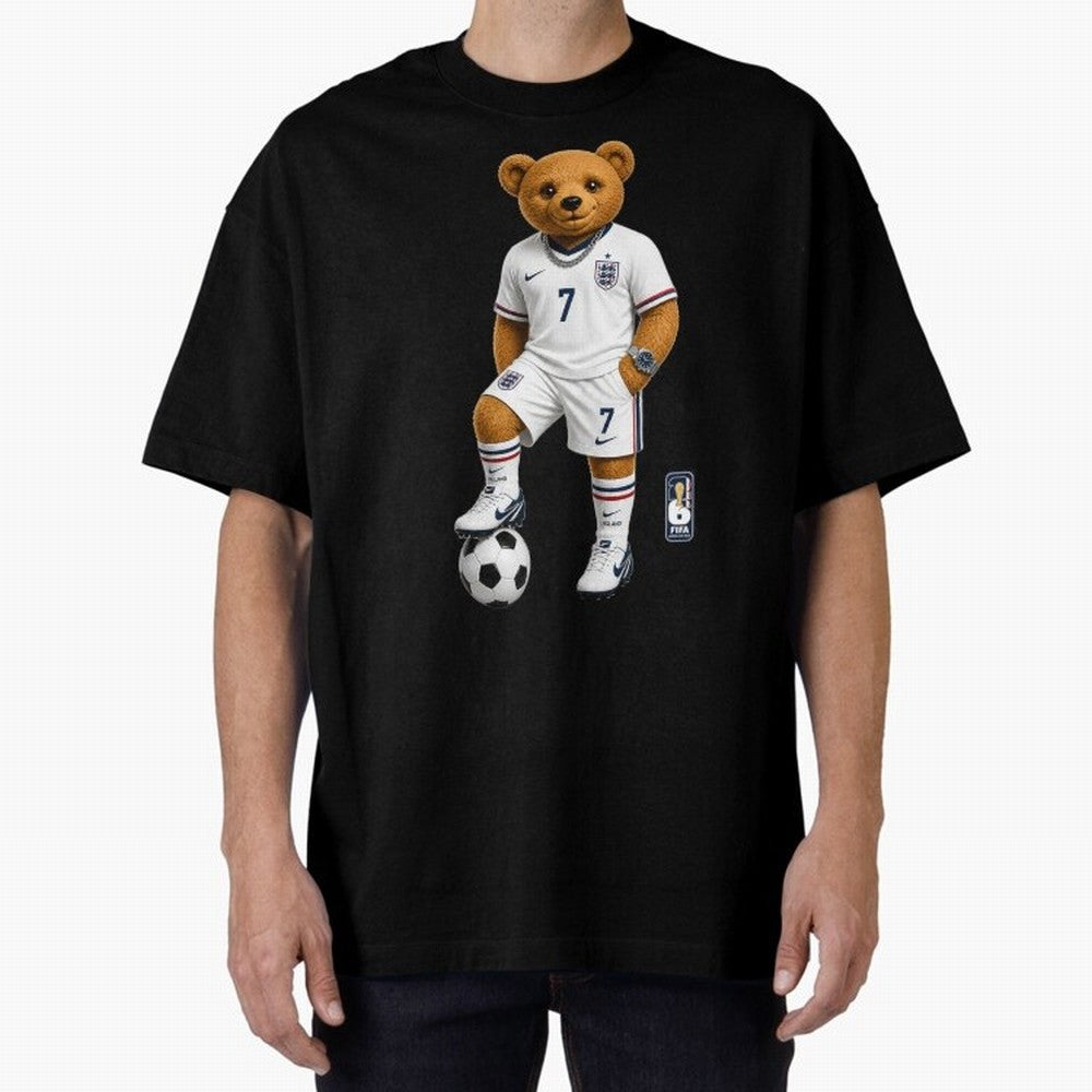 England Soccer Bear World Cup Teddy Bear Oversized T-Shirt Keep the Legacy of Global Football Passion for FIFA World Cup 2026, Highlighting Mbappe and Neymar, Brazil, Fan Favorite Moments, National Team Passion, Big Match Drama and Soccer History;