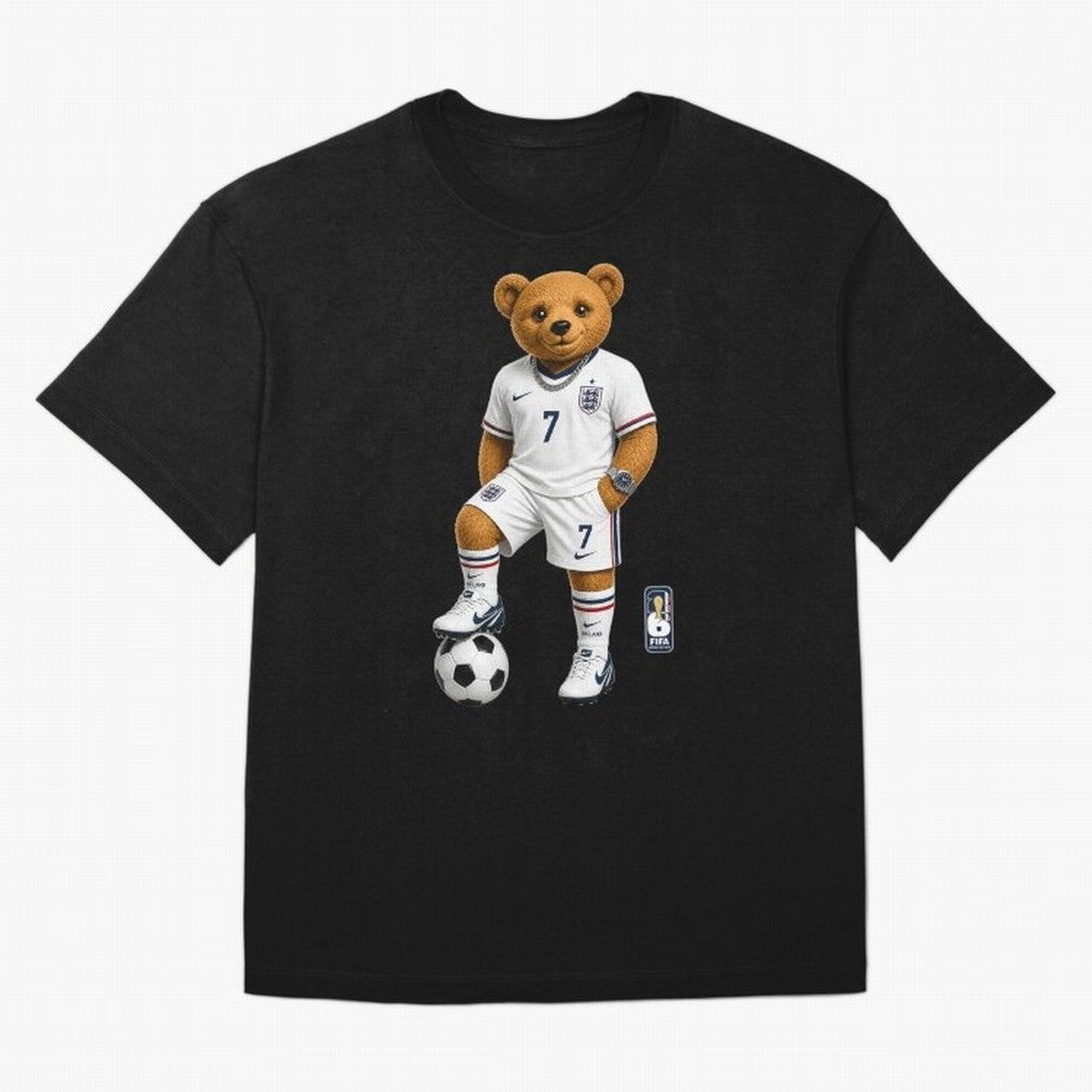 England Soccer Bear World Cup Teddy Bear Oversized T-Shirt Keep the Legacy of Global Football Passion for FIFA World Cup 2026, Highlighting Mbappe and Neymar, Brazil, Fan Favorite Moments, National Team Passion, Big Match Drama and Soccer History;