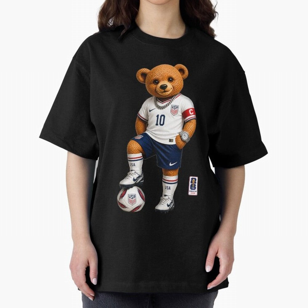 USA Soccer Bear World Cup 2026 Teddy Bear Oversized T-Shirt Make the Season About FIFA World Cup 2026 for Fans of CR7 and England, France and Netherlands, Bringing Vintage Soccer Flavor, Modern Football Stars, National Flags and Final Night