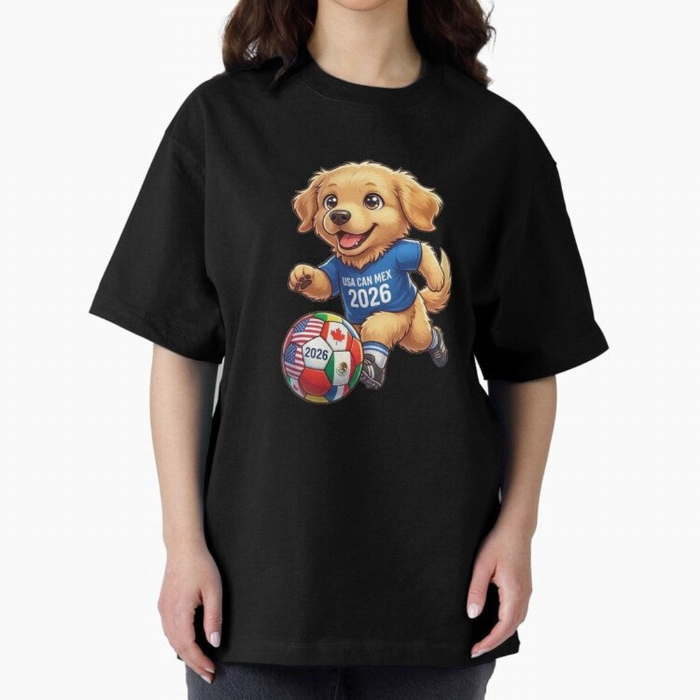 Golden Retriever Soccer Champ - World Cup 2026 Spirit Oversized T-Shirt Capture FIFA World Cup 2026 Celebrating Neymar, Haaland and Cristiano Ronaldo, France and Portugal Energy, Match Day Excitement, Supporter Culture, Golden Goals and Global