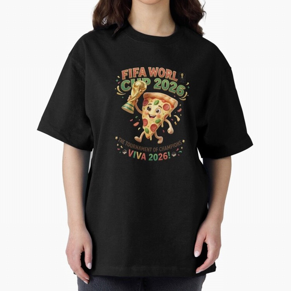 Happy Pizza Character Holding World Cup 2026 Trophy Oversized T-Shirt Discover Global Football Passion for FIFA World Cup 2026, Made for Messi and Cristiano Ronaldo, Spain and Netherlands, Football History, Final Match Energy, Crowd Noise and Once