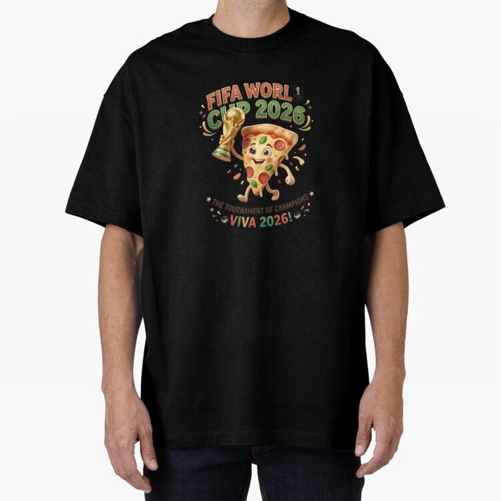 Happy Pizza Character Holding World Cup 2026 Trophy Oversized T-Shirt Discover Global Football Passion for FIFA World Cup 2026, Made for Messi and Cristiano Ronaldo, Spain and Netherlands, Football History, Final Match Energy, Crowd Noise and Once