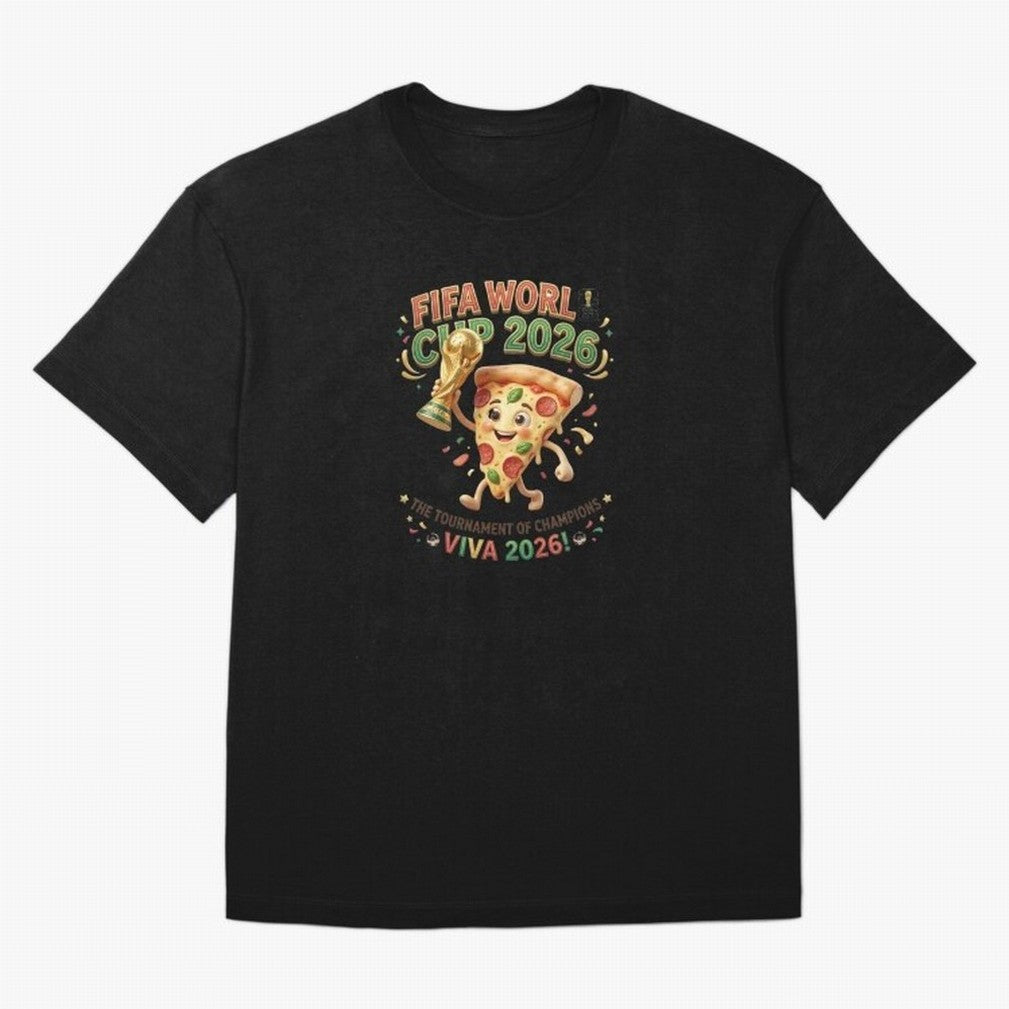 Happy Pizza Character Holding World Cup 2026 Trophy Oversized T-Shirt Discover Global Football Passion for FIFA World Cup 2026, Made for Messi and Cristiano Ronaldo, Spain and Netherlands, Football History, Final Match Energy, Crowd Noise and Once
