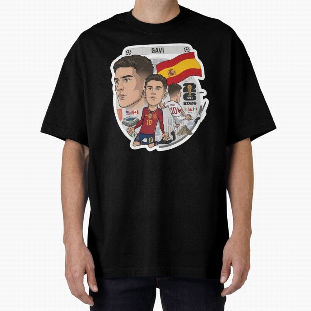 Gavi Spain National Team Football Cartoon Illustration Oversized T-Shirt Share the Excitement of FIFA World Cup 2026 USA Canada Mexico Spirit, Featuring England, Neymar, Haaland and Cristiano Ronaldo, Soccer Culture, Superstar Moments, National