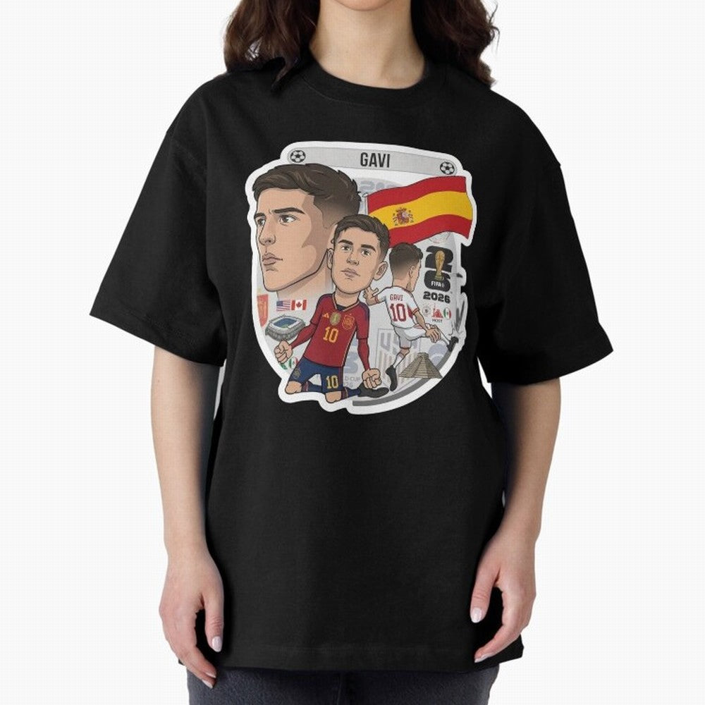 Gavi Spain National Team Football Cartoon Illustration Oversized T-Shirt Share the Excitement of FIFA World Cup 2026 USA Canada Mexico Spirit, Featuring England, Neymar, Haaland and Cristiano Ronaldo, Soccer Culture, Superstar Moments, National