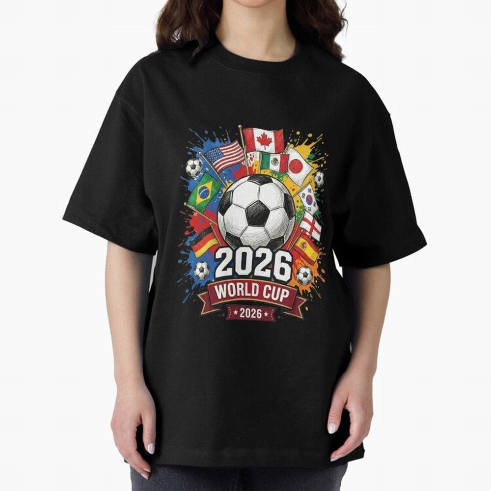 2026 World Cup Soccer Flags Graphic Oversized T-Shirt Bring Retro Soccer Energy to FIFA World Cup 2026 Spirit, Highlighting Argentina, Messi, Champion Mindset, Group Stage Buzz, Knockout Tension and Passionate Fan Culture; Made for Die Hard