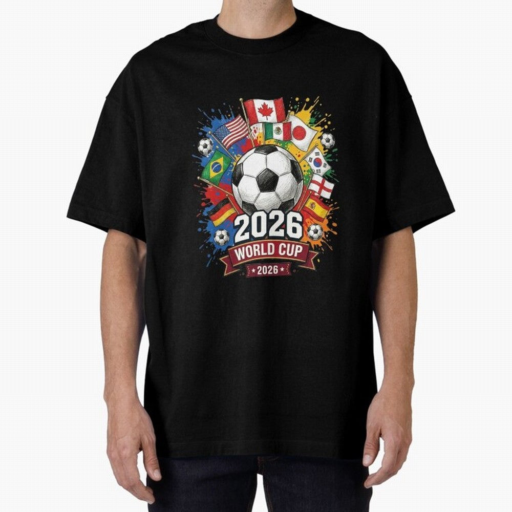 2026 World Cup Soccer Flags Graphic Oversized T-Shirt Bring Retro Soccer Energy to FIFA World Cup 2026 Spirit, Highlighting Argentina, Messi, Champion Mindset, Group Stage Buzz, Knockout Tension and Passionate Fan Culture; Made for Die Hard