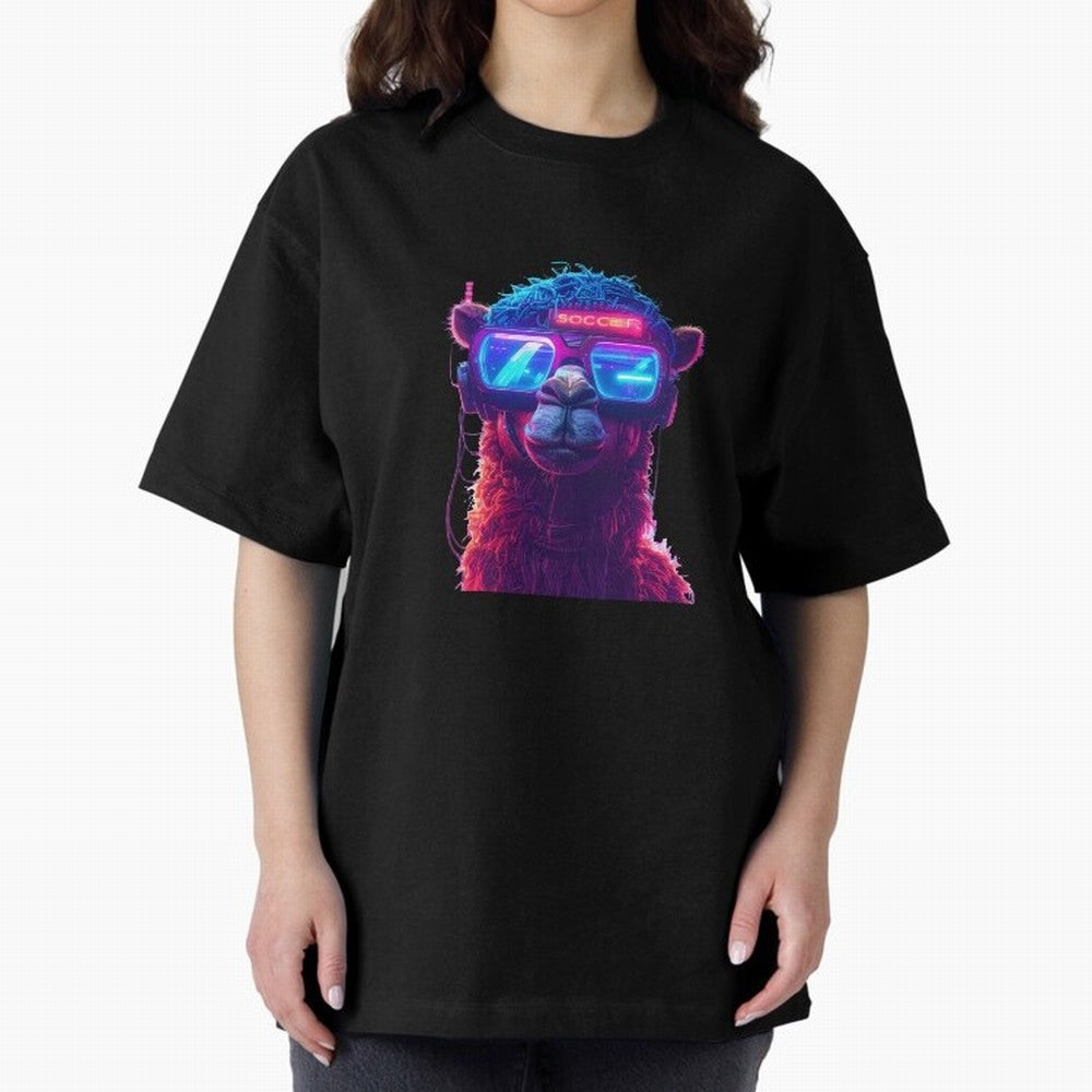 Cyberpunk Llama with Neon Soccer Vibes Oversized T-Shirt Show Love for Legendary Goals in FIFA World Cup 2026 Spirit, Capturing England and Germany, CR7, Sports Nostalgia, International Competition, Famous Players and Unforgettable Victories;