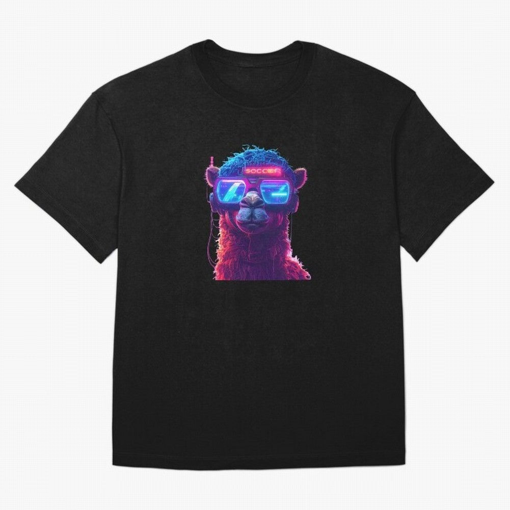 Cyberpunk Llama with Neon Soccer Vibes Oversized T-Shirt Show Love for Legendary Goals in FIFA World Cup 2026 Spirit, Capturing England and Germany, CR7, Sports Nostalgia, International Competition, Famous Players and Unforgettable Victories;