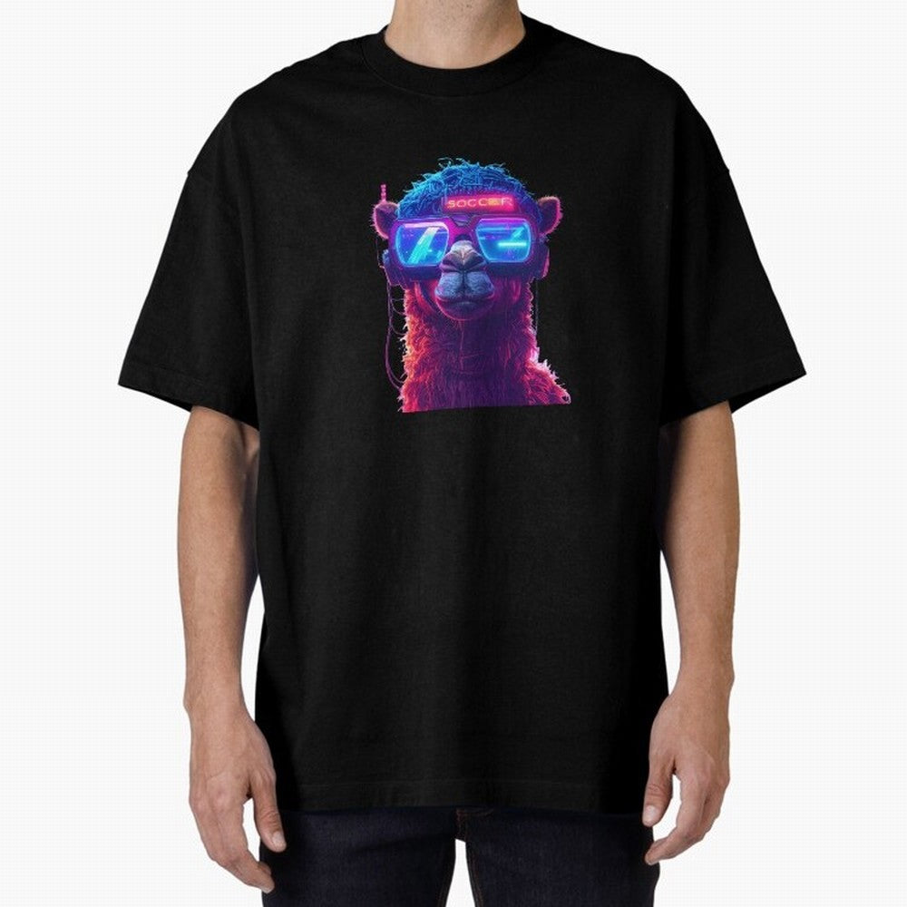Cyberpunk Llama with Neon Soccer Vibes Oversized T-Shirt Show Love for Legendary Goals in FIFA World Cup 2026 Spirit, Capturing England and Germany, CR7, Sports Nostalgia, International Competition, Famous Players and Unforgettable Victories;