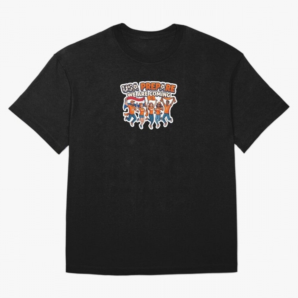 Netherlands Soccer Fans 2026 Sticker We Are Coming Oversized T-Shirt Honor the Beautiful Game during FIFA World Cup 2026 USA Canada Mexico Spirit, Featuring Spain, Messi, Neymar and Mbappe, Supporter Pride, Iconic Celebrations, Legendary Names and